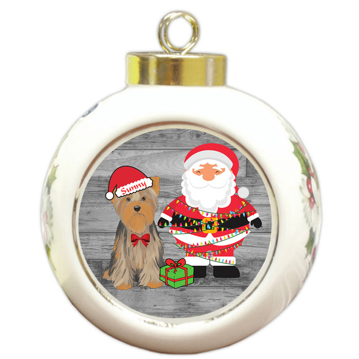 Custom Personalized Yorkshire Terrier Dog With Santa Wrapped in Light Christmas Round Ball Ornament