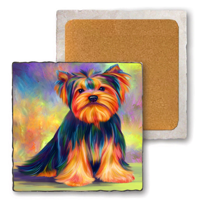 Paradise Wave Yorkshire Terrier Dog Set of 4 Natural Stone Marble Tile Coasters MCST51088