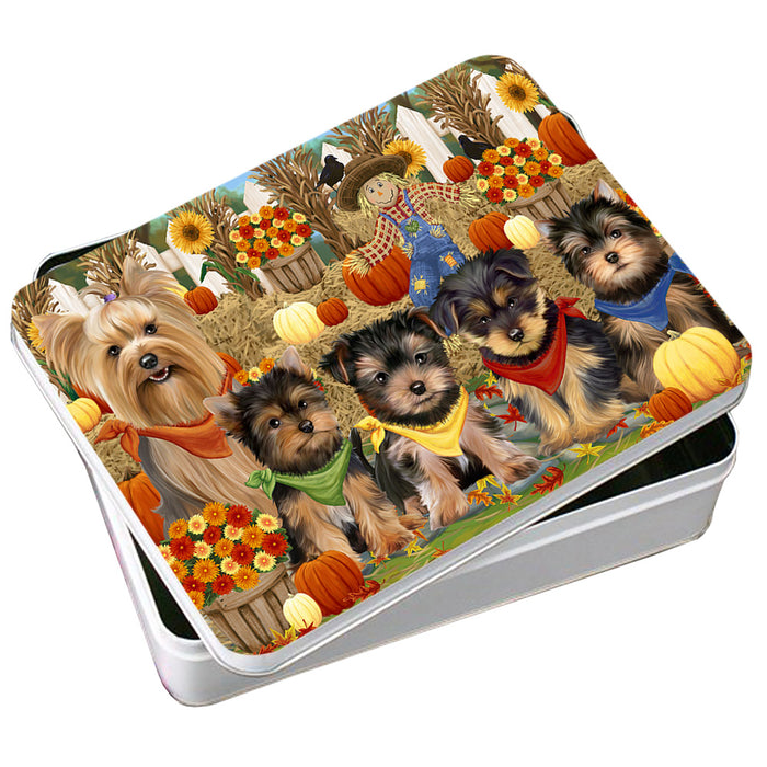 Fall Festive Gathering Yorkshire Terriers Dog with Pumpkins Photo Storage Tin PITN50814