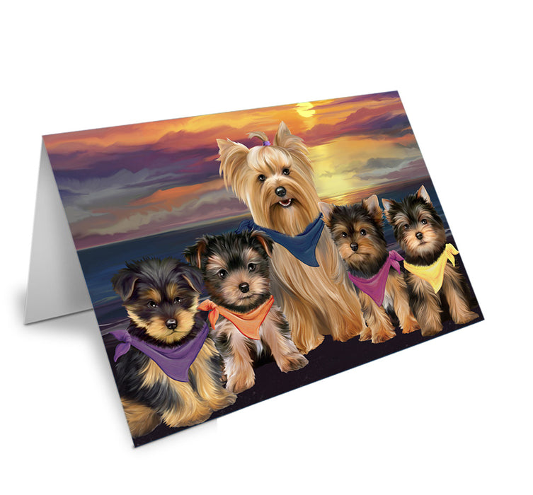 Family Sunset Portrait Yorkshire Terriers Dog Handmade Artwork Assorted Pets Greeting Cards and Note Cards with Envelopes for All Occasions and Holiday Seasons GCD54899