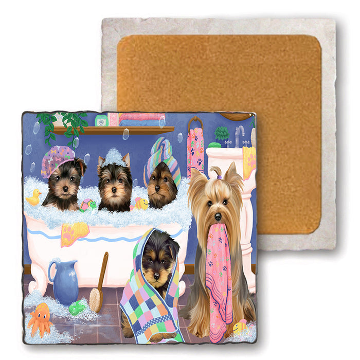 Rub A Dub Dogs In A Tub Yorkshire Terriers Dog Set of 4 Natural Stone Marble Tile Coasters MCST51838