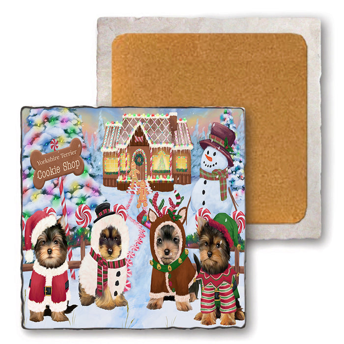 Holiday Gingerbread Cookie Shop Yorkshire Terriers Dog Set of 4 Natural Stone Marble Tile Coasters MCST51635