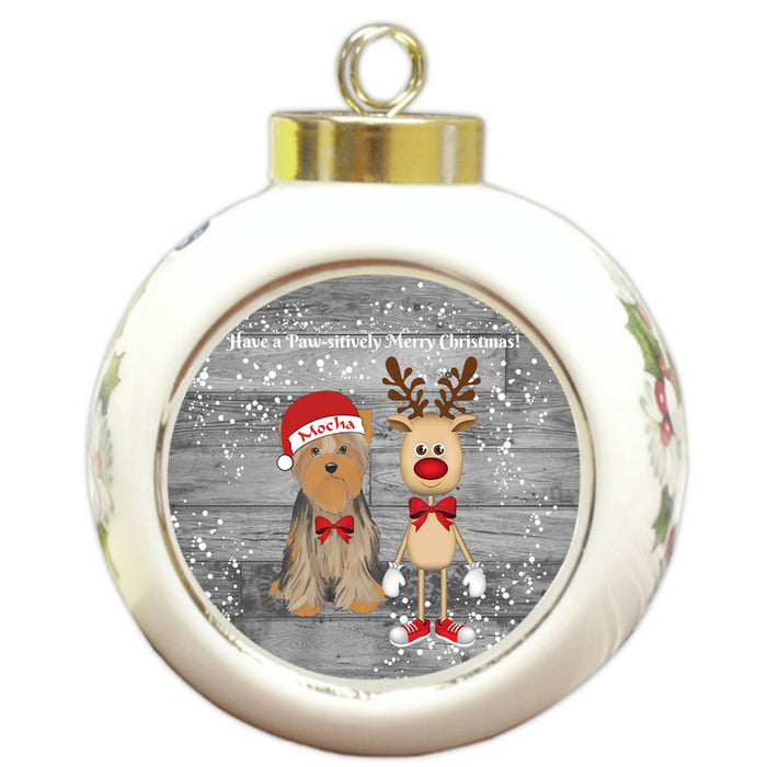 Custom Personalized Yorkshire Terrier Dog Reindeer and Pooch Christmas Round Ball Ornament