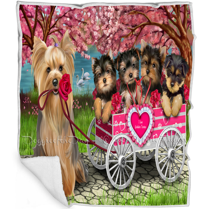 I Love Yorkshire Terrier Dogs in a Cart Art Portrait Print Woven Throw Sherpa Plush Fleece Blanket