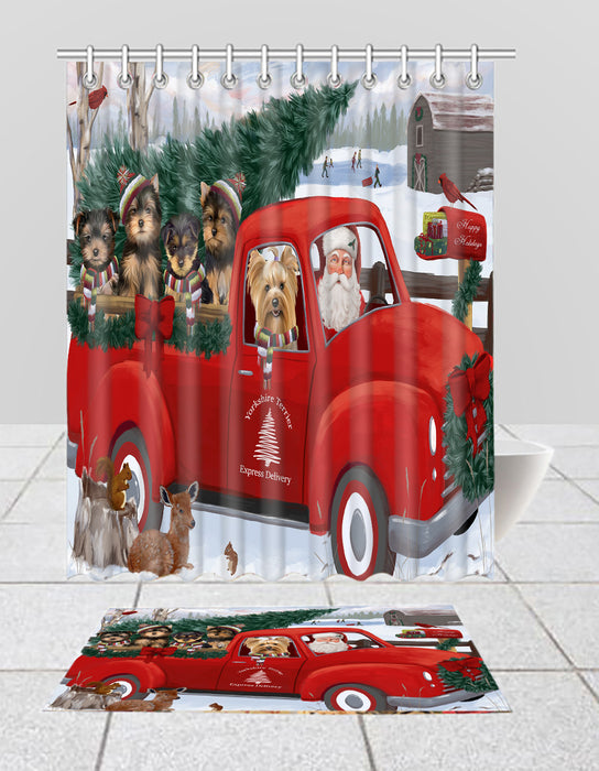 Christmas Santa Express Delivery Red Truck Yorkshire Terrier Dogs Bath Mat and Shower Curtain Combo