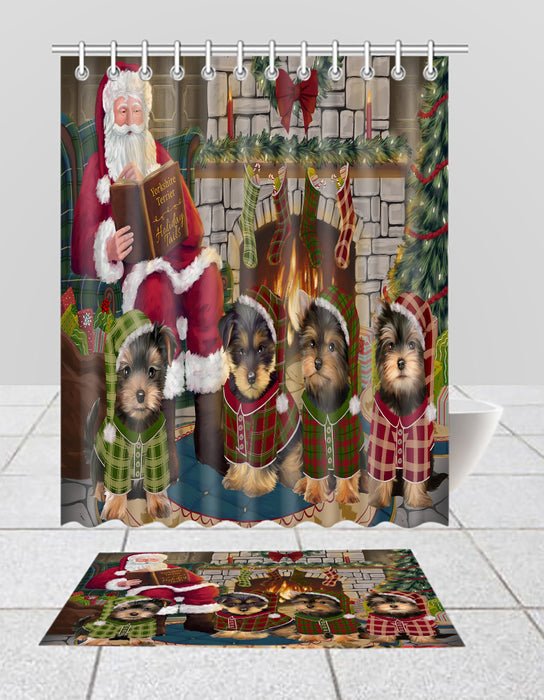 Christmas Cozy Holiday Fire Tails Yorkshire Terrier Dogs Bath Mat and Shower Curtain Combo