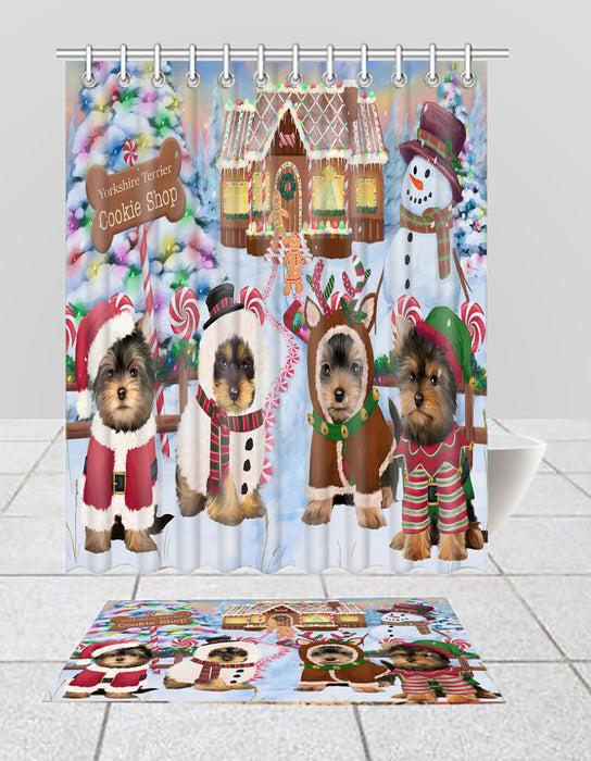 Holiday Gingerbread Cookie Yorkshire Terrier Dogs  Bath Mat and Shower Curtain Combo