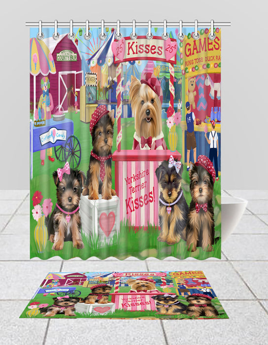 Carnival Kissing Booth Yorkshire Terrier Dogs  Bath Mat and Shower Curtain Combo
