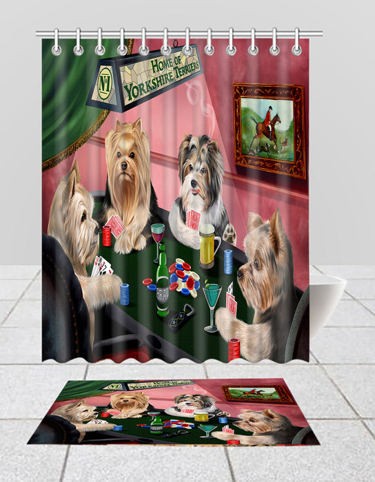 Home of  Yorkshire Terrier Dogs Playing Poker Bath Mat and Shower Curtain Combo