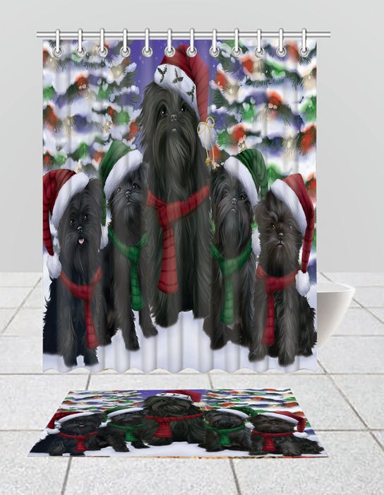 Affenpinscher Dogs Christmas Family Portrait in Holiday Scenic Background  Bath Mat and Shower Curtain Combo