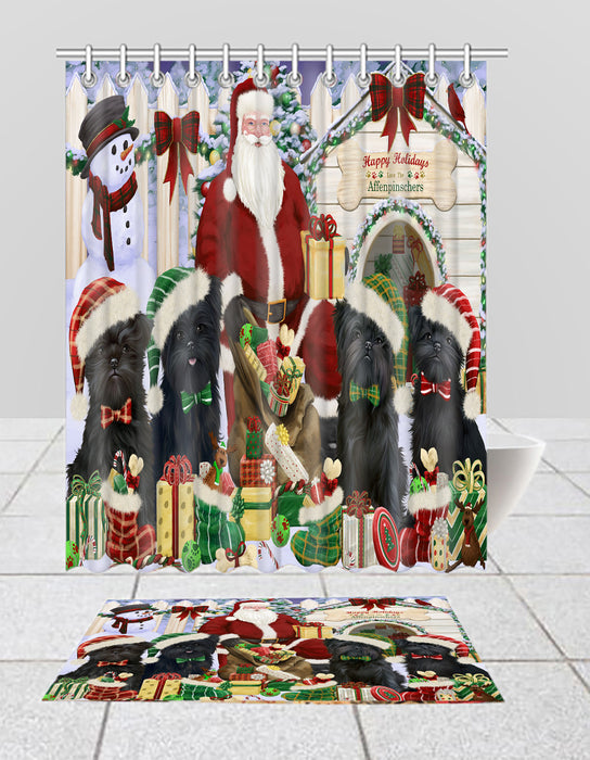 Happy Holidays Christmas Affenpinscher Dogs House  Gathering Bath Mat and Shower Curtain Combo