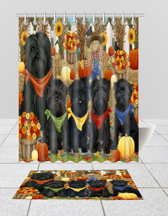 Fall Festive Harvest Time Gathering Affenpinscher Dogs Bath Mat and Shower Curtain Combo
