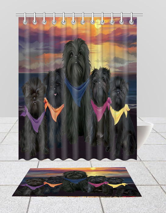 Family Sunset Portrait Affenpinscher Dogs Bath Mat and Shower Curtain Combo