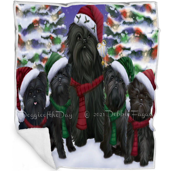 Affenpinscher Dog Christmas Family Portrait in Holiday Scenic Background Blanket BLNKT143262