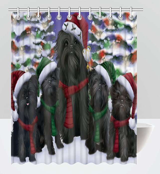 Affenpinscher Dogs Christmas Family Portrait in Holiday Scenic Background Shower Curtain