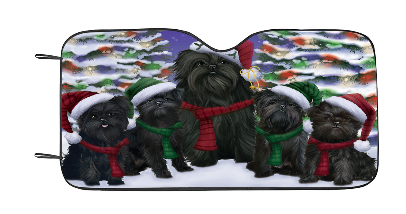 Affenpinscher Dogs Christmas Family Portrait in Holiday Scenic Background Car Sun Shade