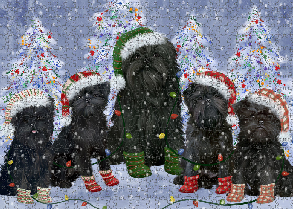 Christmas Lights and Affenpinscher Dogs Portrait Jigsaw Puzzle for Adults Animal Interlocking Puzzle Game Unique Gift for Dog Lover's with Metal Tin Box