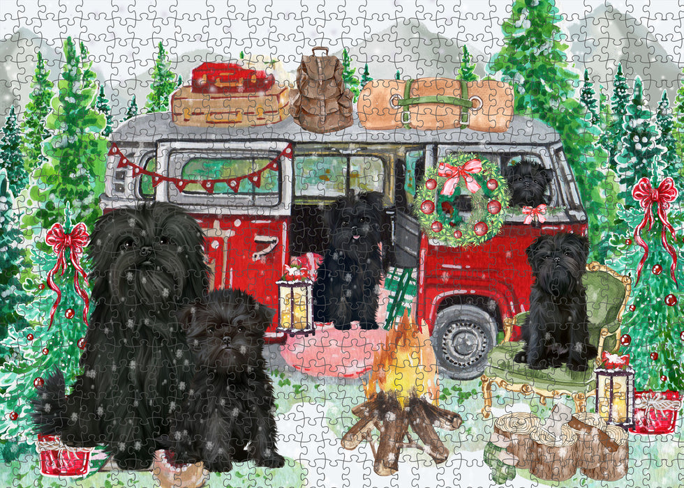 Christmas Time Camping with Affenpinscher Dogs Portrait Jigsaw Puzzle for Adults Animal Interlocking Puzzle Game Unique Gift for Dog Lover's with Metal Tin Box