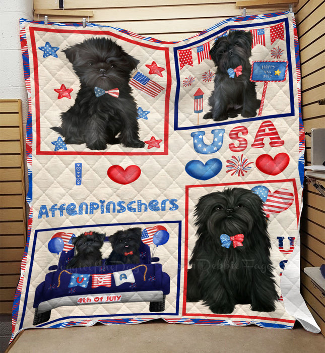 4th of July Independence Day I Love USA Affenpinscher Dogs Quilt Bed Coverlet Bedspread - Pets Comforter Unique One-side Animal Printing - Soft Lightweight Durable Washable Polyester Quilt