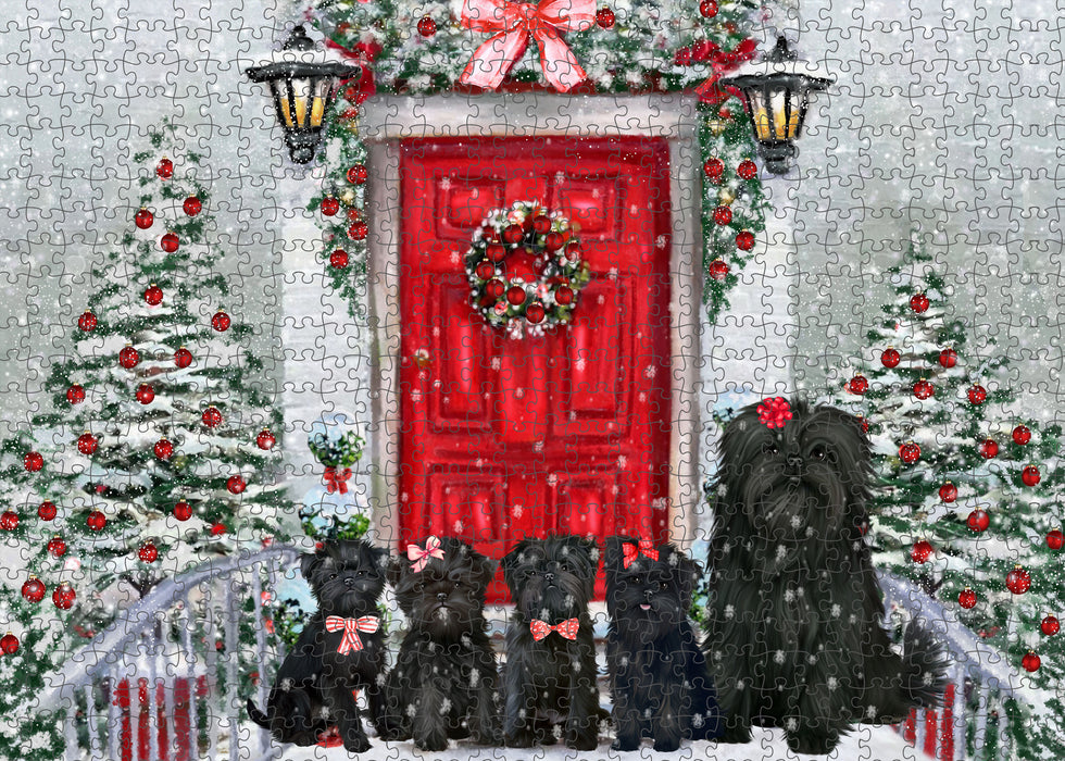 Christmas Holiday Welcome Affenpinscher Dogs Portrait Jigsaw Puzzle for Adults Animal Interlocking Puzzle Game Unique Gift for Dog Lover's with Metal Tin Box