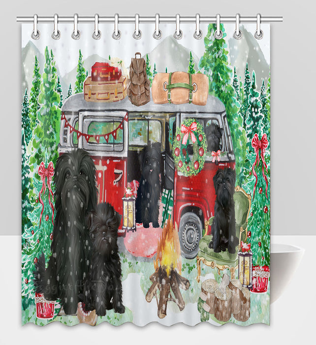Christmas Time Camping with Affenpinscher Dogs Shower Curtain Pet Painting Bathtub Curtain Waterproof Polyester One-Side Printing Decor Bath Tub Curtain for Bathroom with Hooks