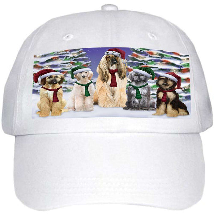 Afghan Hounds Dog Christmas Family Portrait in Holiday Scenic Background Ball Hat Cap HAT61839