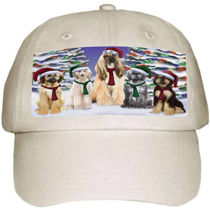 Afghan Hounds Dog Christmas Family Portrait in Holiday Scenic Background Ball Hat Cap HAT61839