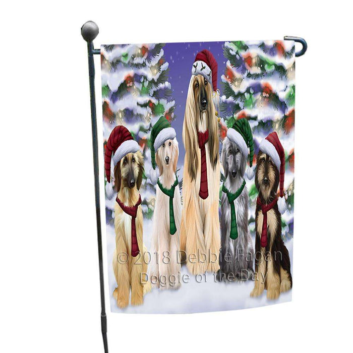 Afghan Hounds Dog Christmas Family Portrait in Holiday Scenic Background Garden Flag GFLG52647