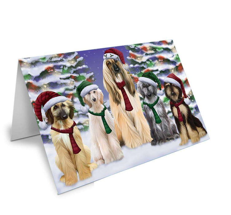 Afghan Hounds Dog Christmas Family Portrait in Holiday Scenic Background Handmade Artwork Assorted Pets Greeting Cards and Note Cards with Envelopes for All Occasions and Holiday Seasons GCD62135