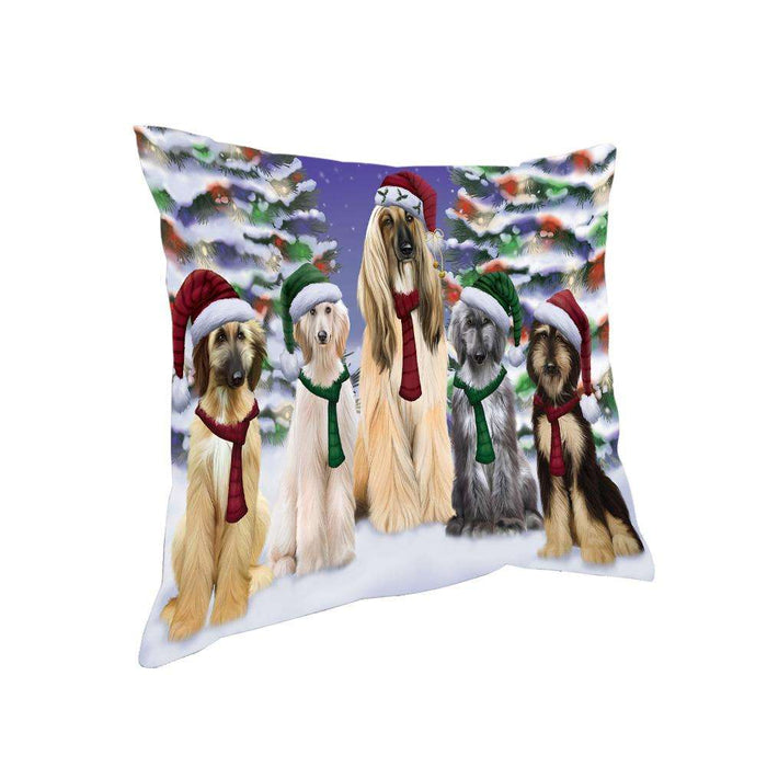 Afghan Hounds Dog Christmas Family Portrait in Holiday Scenic Background Pillow PIL66964