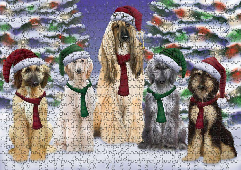 Afghan Hounds Dog Christmas Family Portrait in Holiday Scenic Background Puzzle with Photo Tin PUZL62037