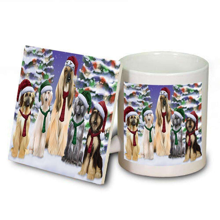 Afghan Hounds Dog Christmas Family Portrait in Holiday Scenic Background  Mug and Coaster Set MUC52694