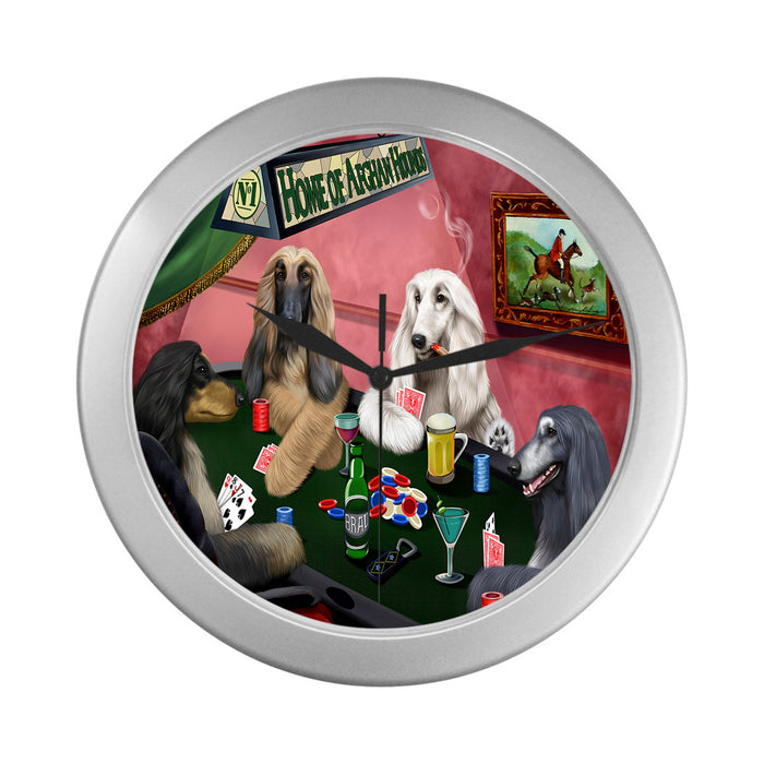 Home of Afghan Hound Dogs Playing Poker Silver Wall Clocks