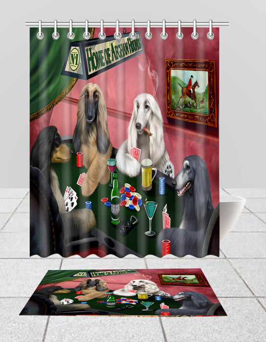 Home of  Afghan Hound Dogs Playing Poker Bath Mat and Shower Curtain Combo