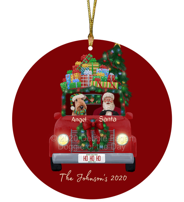 Personalized Christmas Honk Honk Red Truck Here Comes with Santa and Airedale Dog Round Flat Ornament PRBPOR59044