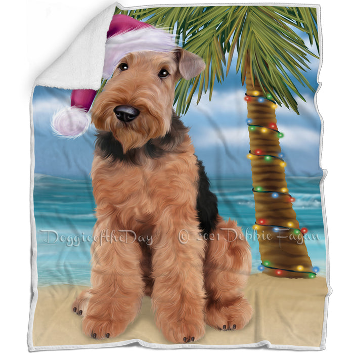 Summertime Happy Holidays Christmas Airedale Dog on Tropical Island Beach Blanket D150
