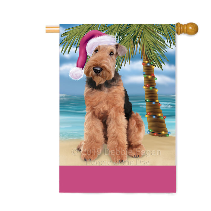 Personalized Summertime Happy Holidays Christmas Airedale Dog on Tropical Island Beach Custom House Flag FLG-DOTD-A60419