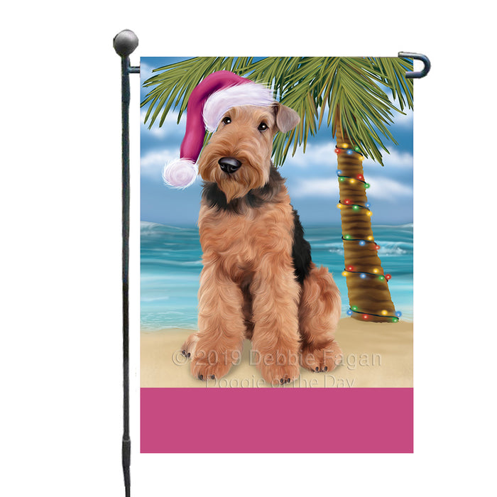 Personalized Summertime Happy Holidays Christmas Airedale Dog on Tropical Island Beach  Custom Garden Flags GFLG-DOTD-A60363