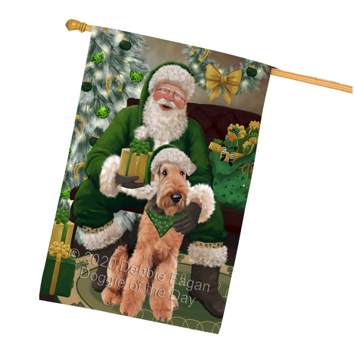 Christmas Irish Santa with Gift and Airedale Dog House Flag FLG66666