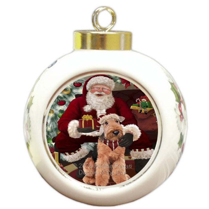 Santa's Christmas Surprise Airedale Dog Round Ball Christmas Ornament RBPOR57992