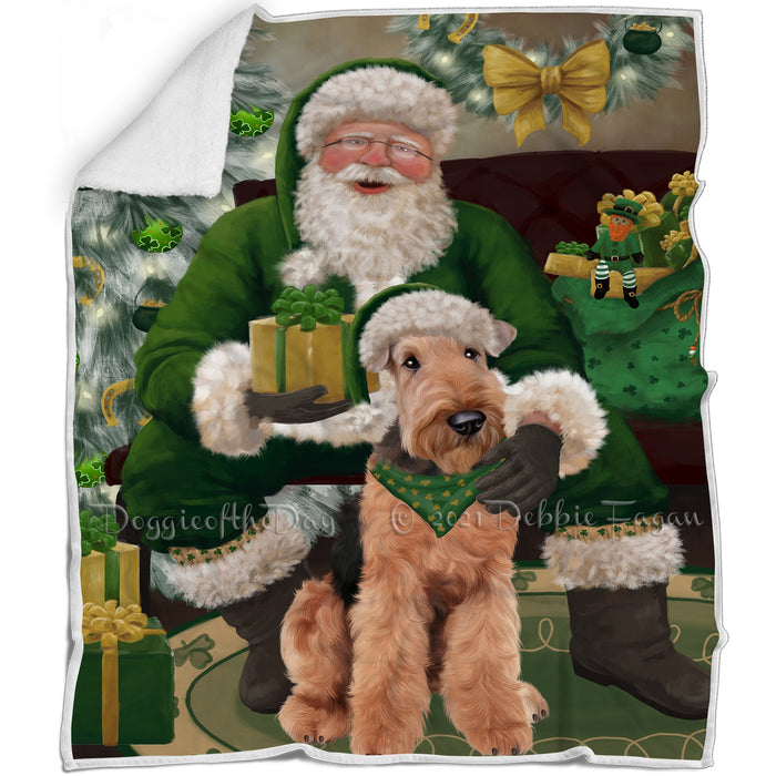 Christmas Irish Santa with Gift and Airedale Dog Blanket BLNKT141178