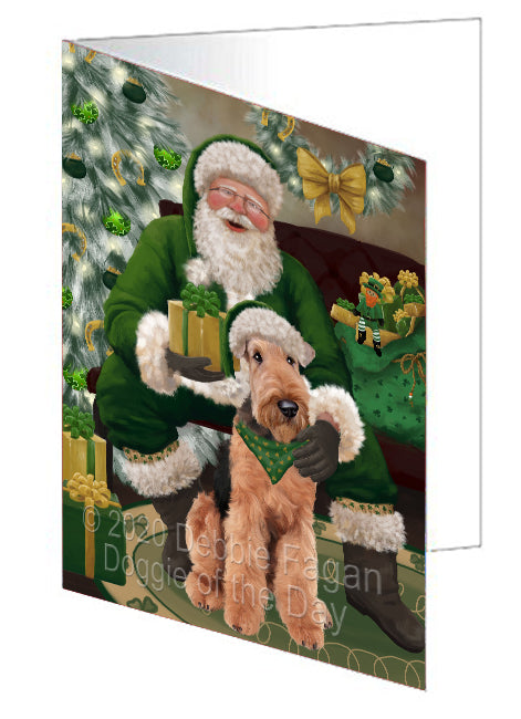 Christmas Irish Santa with Gift and Airedale Dog Handmade Artwork Assorted Pets Greeting Cards and Note Cards with Envelopes for All Occasions and Holiday Seasons GCD75752