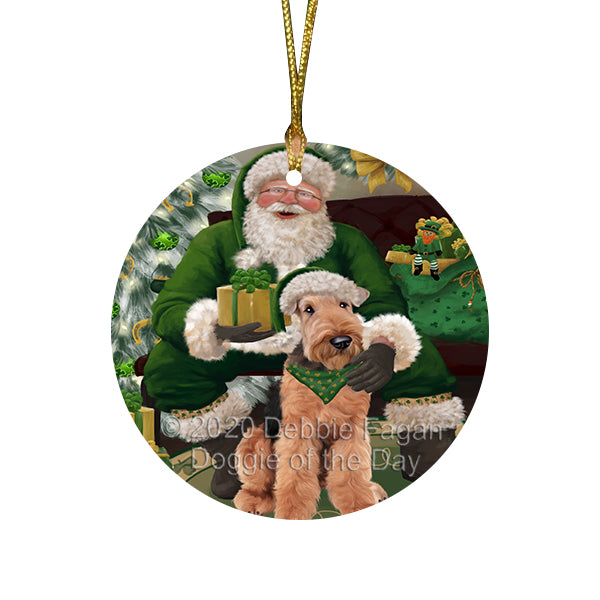 Christmas Irish Santa with Gift and Airedale Dog Round Flat Christmas Ornament RFPOR57894
