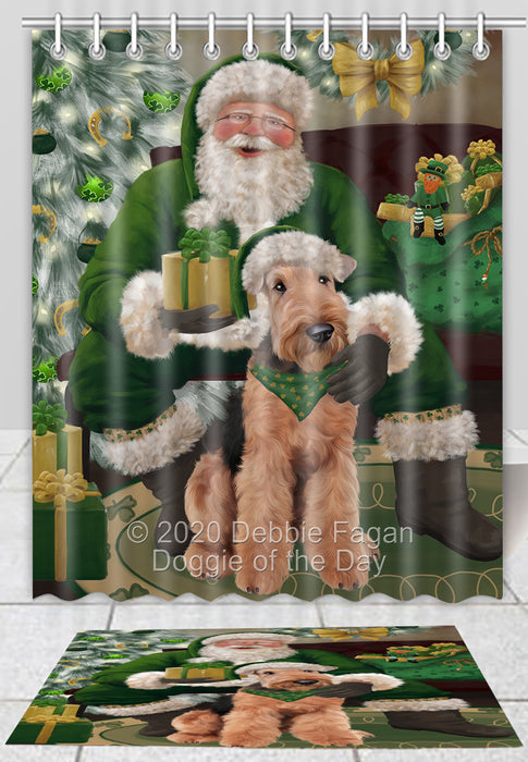 Christmas Irish Santa with Gift Airedale Dog Bath Mat and Shower Curtain Combo
