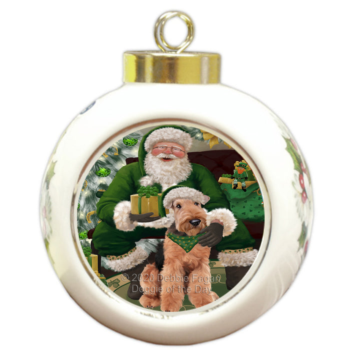 Christmas Irish Santa with Gift and Airedale Dog Round Ball Christmas Ornament RBPOR57894