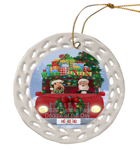 Christmas Honk Honk Red Truck with Santa and Airedale Dog Doily Ornament DPOR59315