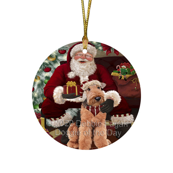 Santa's Christmas Surprise Airedale Dog Round Flat Christmas Ornament RFPOR57992