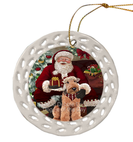 Santa's Christmas Surprise Airedale Dog Doily Ornament DPOR59554