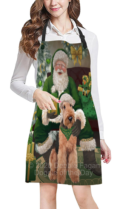 Christmas Irish Santa with Gift and Airedale Dog Apron Apron-48270