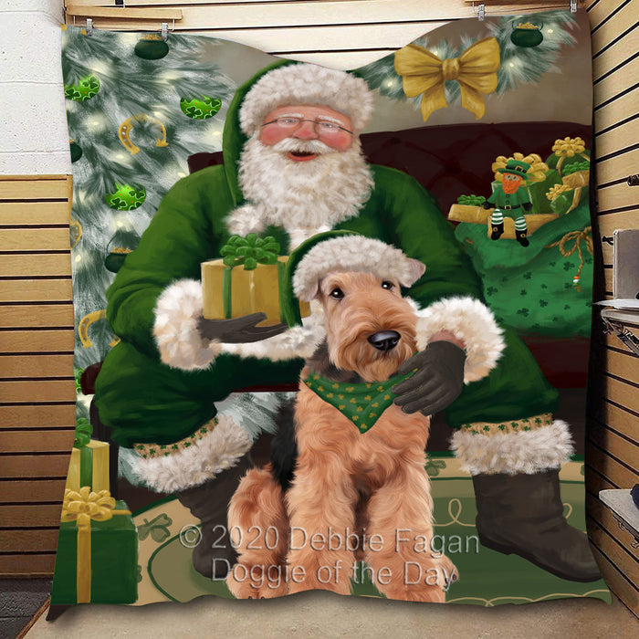 Christmas Irish Santa with Gift and Airedale Dog Quilt Bed Coverlet Bedspread - Pets Comforter Unique One-side Animal Printing - Soft Lightweight Durable Washable Polyester Quilt